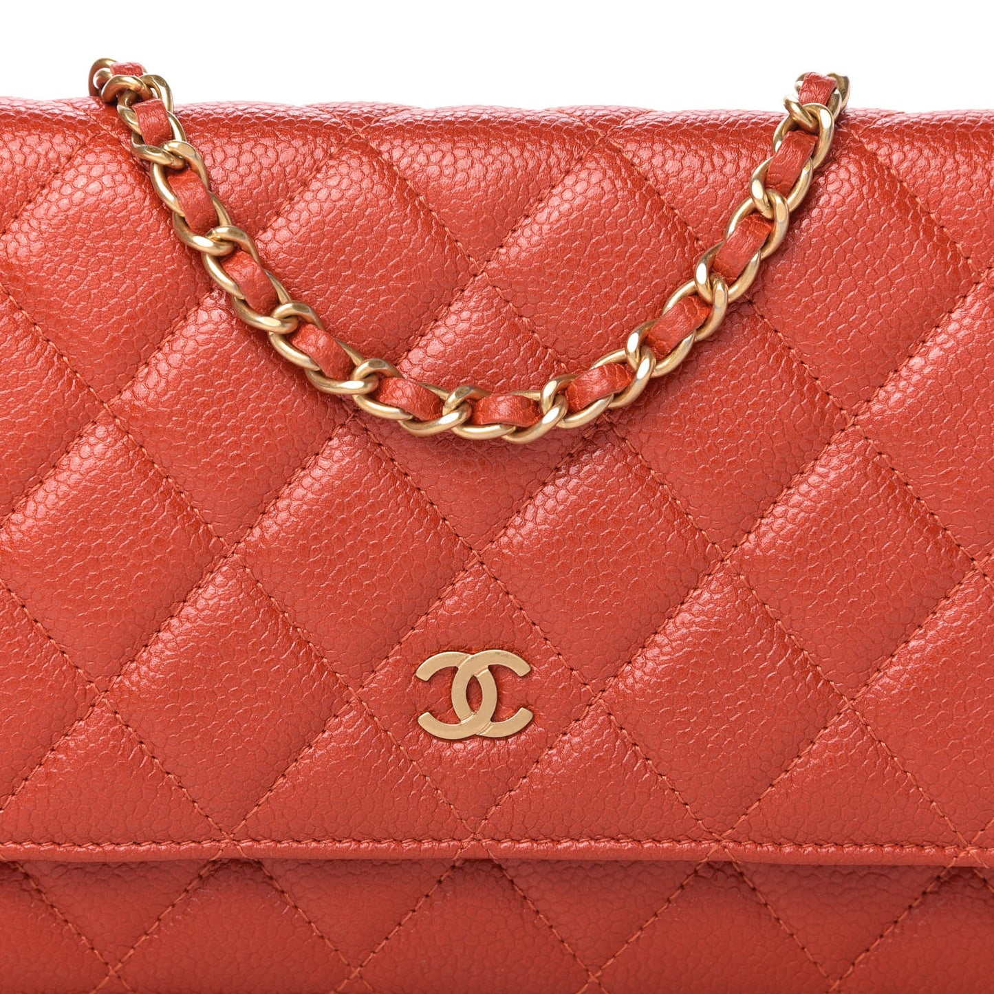 Pearly Caviar Quilted Wallet On Chain WOC Orange