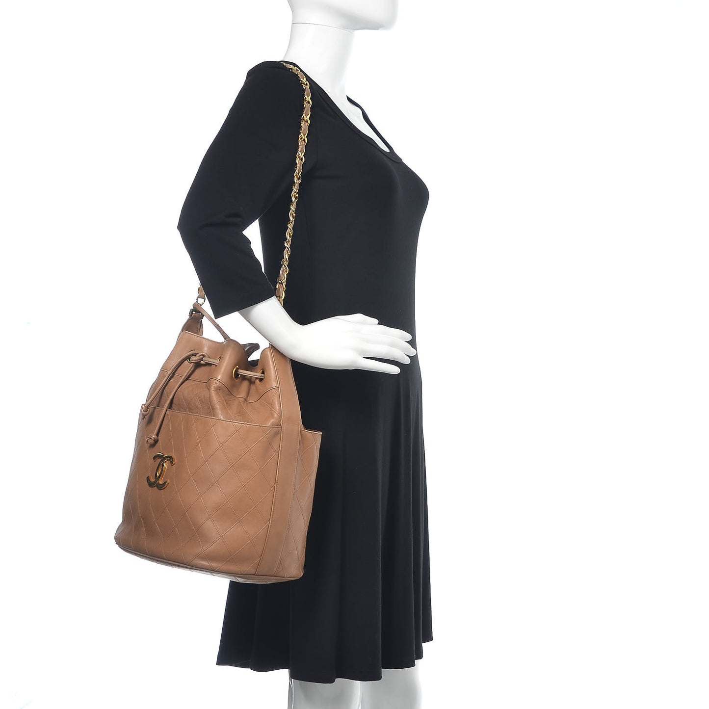 Lambskin Diamond Stitched CC Drawstring Bag Beige