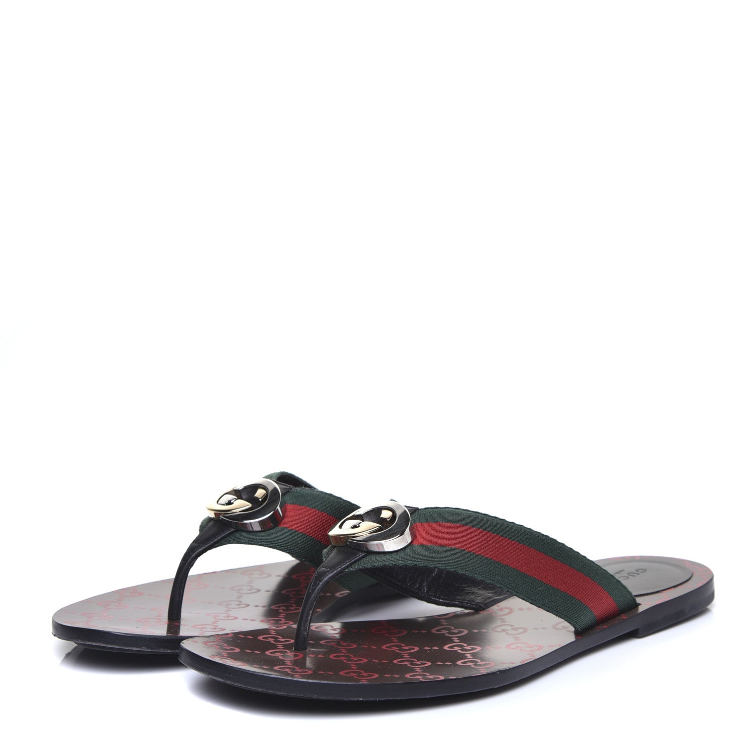 Gucci Nylon Calfskin Web GG Monogram Womens Thong Sandals 41 Green Red Cocoa 2 of 10