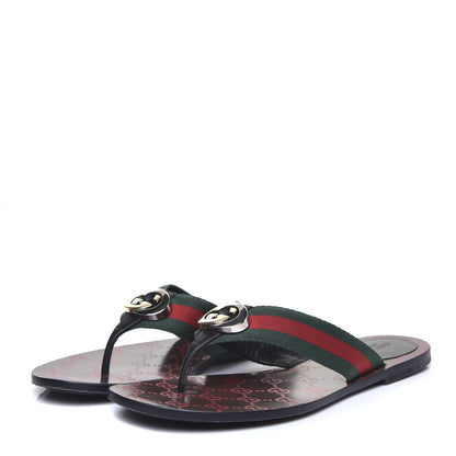 Gucci Nylon Calfskin Web GG Monogram Womens Thong Sandals 41 Green Red Cocoa 2 of 10