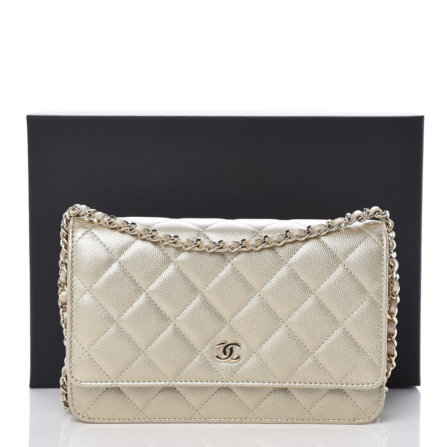 Chanel Pearly Caviar Quilted Wallet On Chain WOC Light Gold 11 of 11