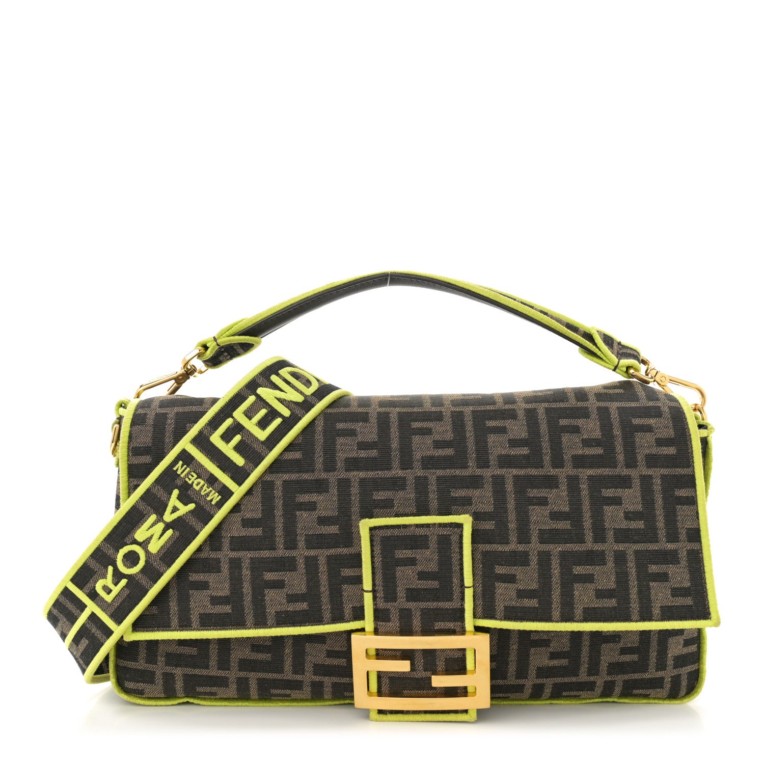Fendi Fabric Jacquard FF 1974 Large Baguette Tobacco Moro Giallo Fluo 1 of 11