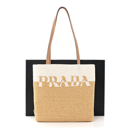 Prada Yarn Raffia Effect Crochet Vitello Logo Small Shopping Tote Naturale White 11 of 11