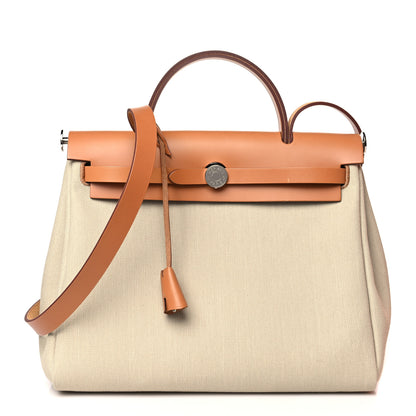 Hermes Military Toile Vache Hunter Herbag Zip Retourne 31 PM Beton Naturel 1 of 10