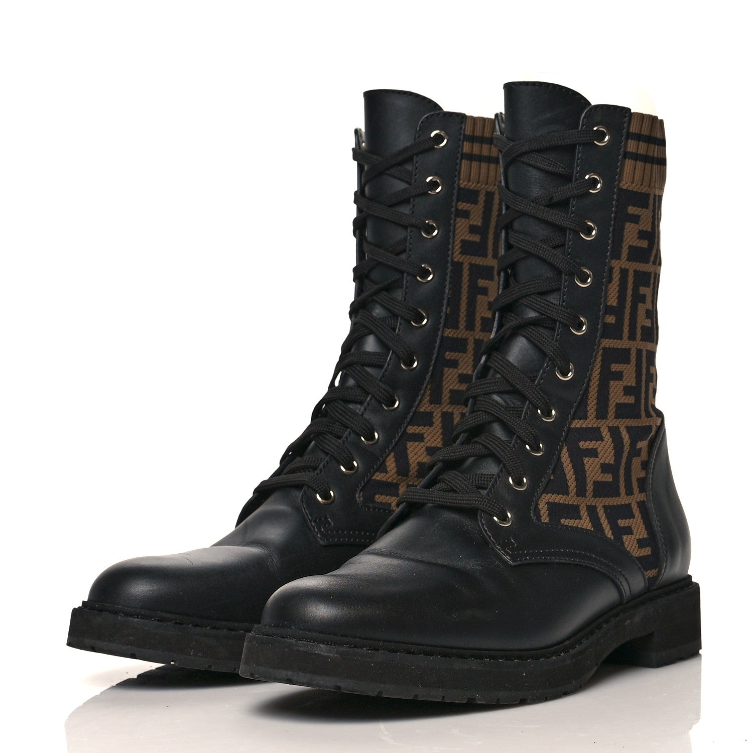Fendi Calfskin Stretch Fabric FF Rockoko Biker Boots 41 Black Tobacco 3 of 7