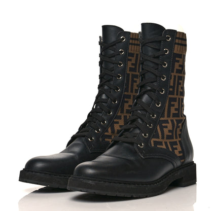 Fendi Calfskin Stretch Fabric FF Rockoko Biker Boots 41 Black Tobacco 3 of 7