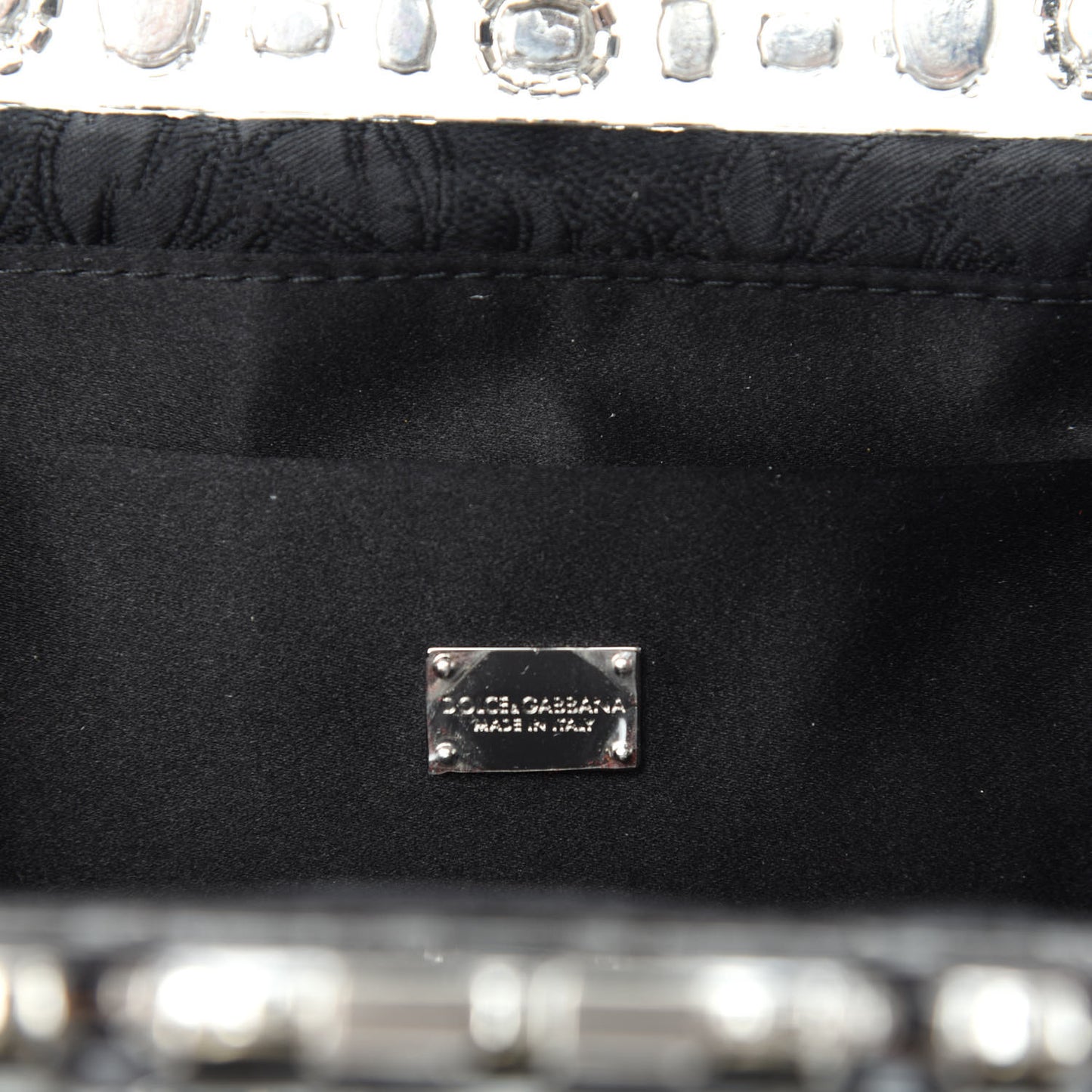 Satin Lace Crystal Embellished Plexis Glass Chain Clutch Black