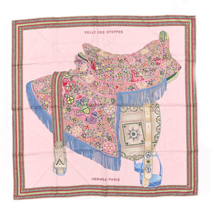 Hermes Silk Selle Des Steppes Scarf 90 Rose Pale Bleu Jean 1 of 5