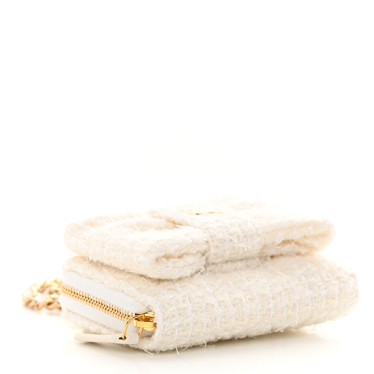 Tweed Quilted Bow Flap Card Holder On Chain White