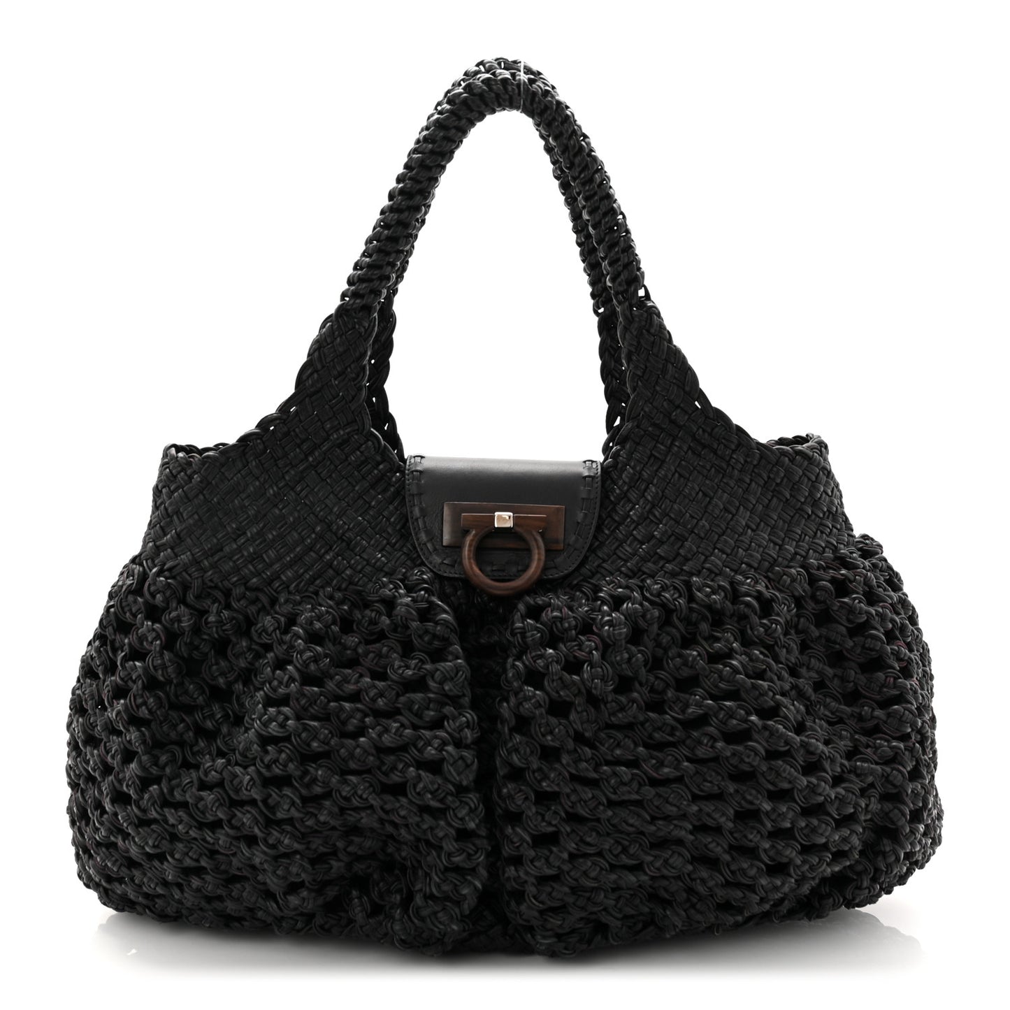 Woven Calfskin Gancini Shoulder Bag Black