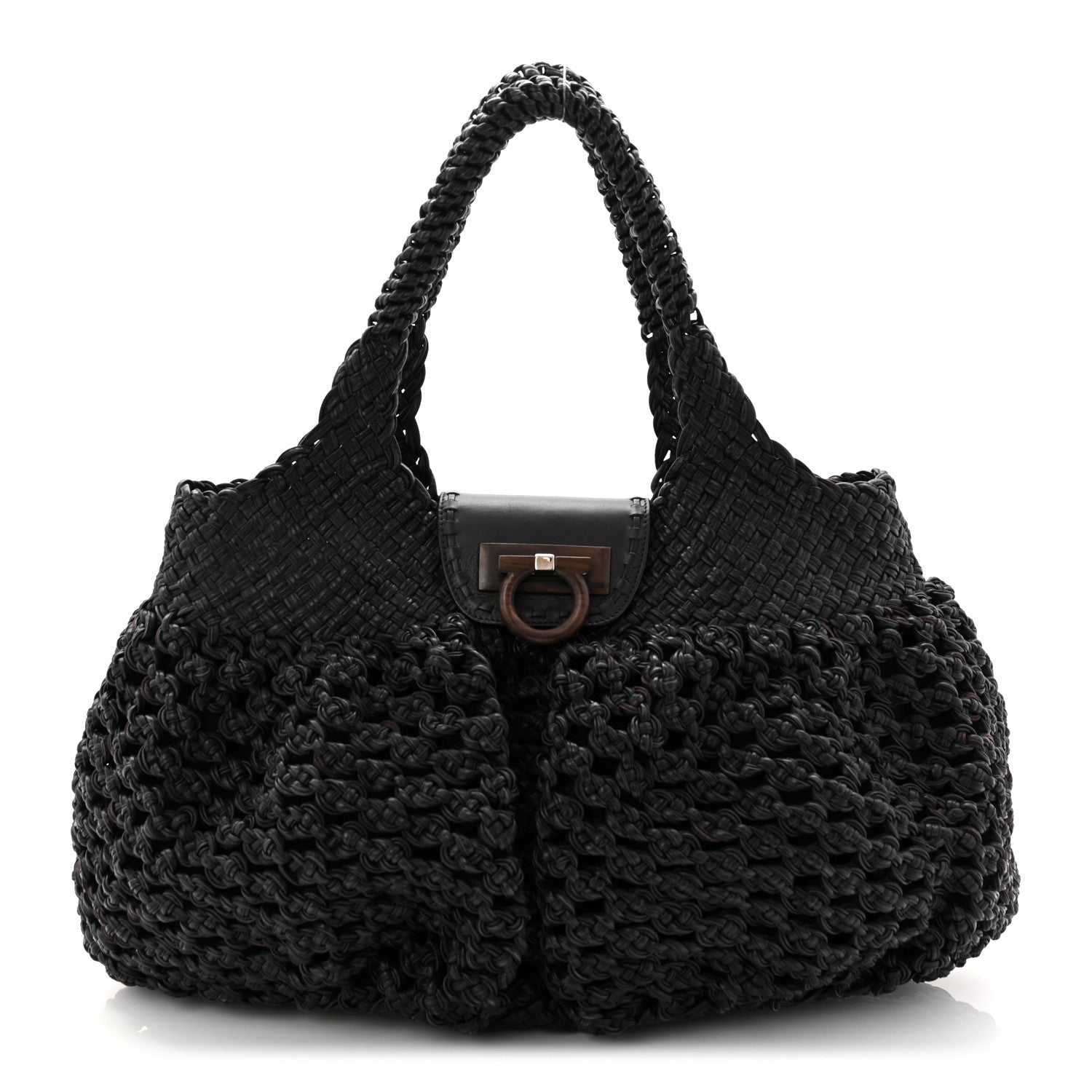 Salvatore Ferragamo Woven Calfskin Gancini Shoulder Bag Black 2 of 19