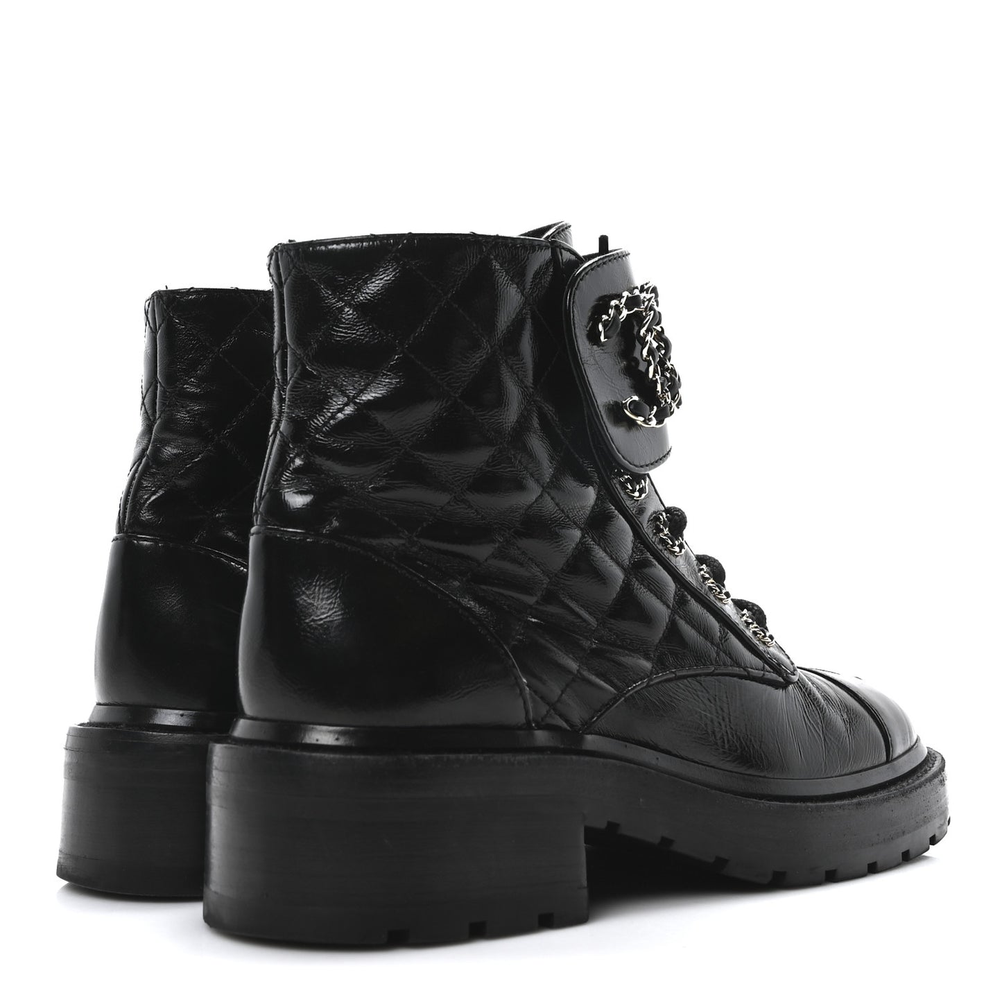 Shiny Calfskin Quilted Lace Up Combat Boots 36 Black