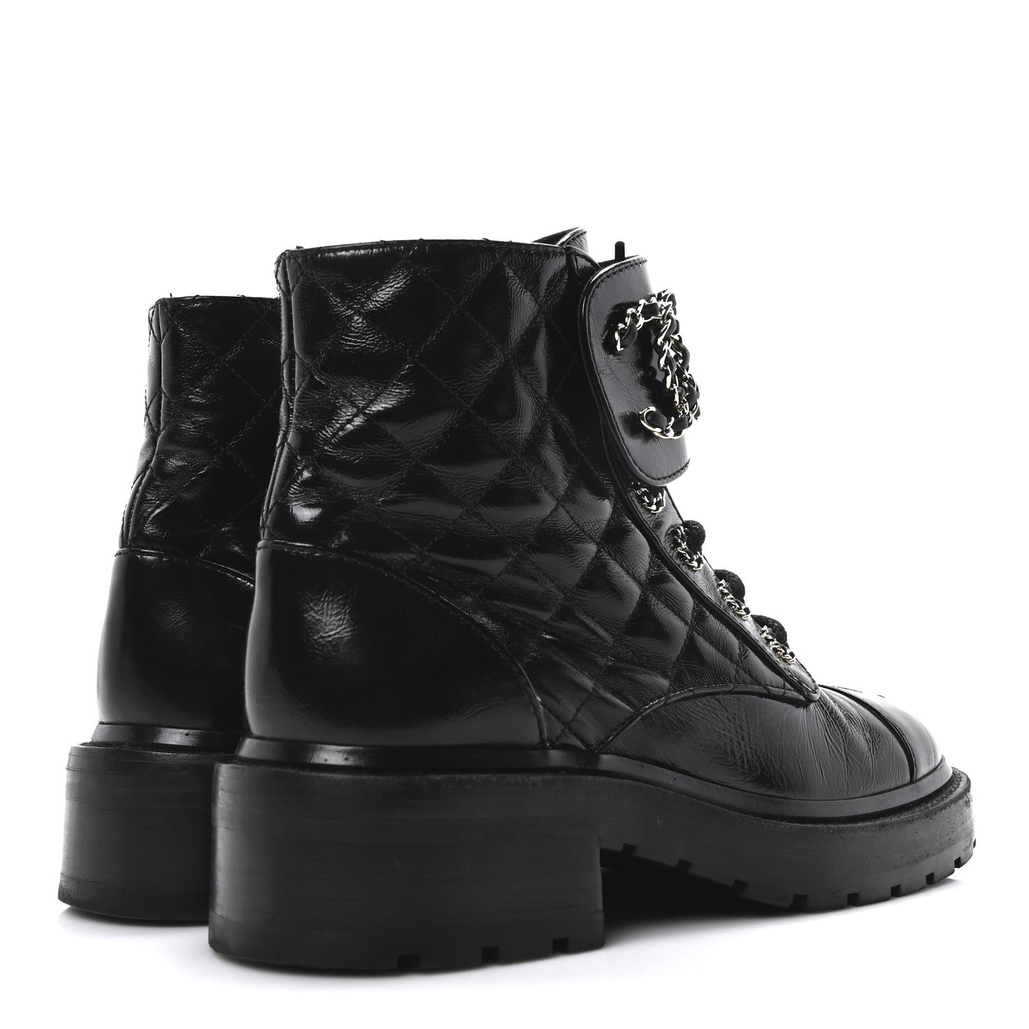 Chanel Shiny Calfskin Quilted Lace Up Combat Boots 36 Black 5 of 10