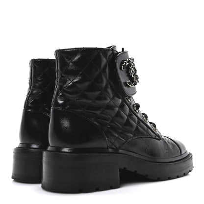 Chanel Shiny Calfskin Quilted Lace Up Combat Boots 36 Black 5 of 10