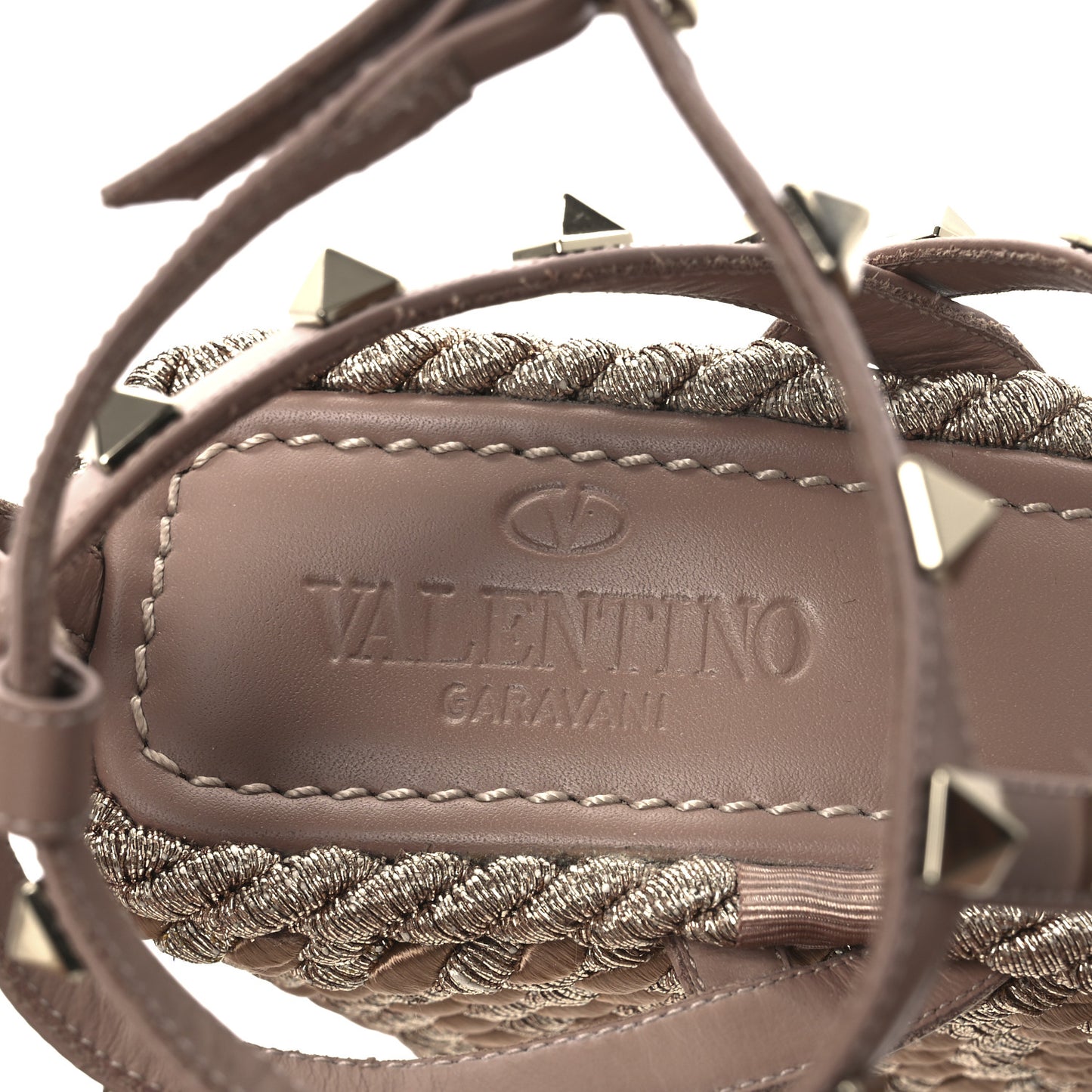 Calfskin Rockstud Ankle Strap Torchon Espadrille Caged 25/95mm Wedge Sandals 38 Rose Canelle