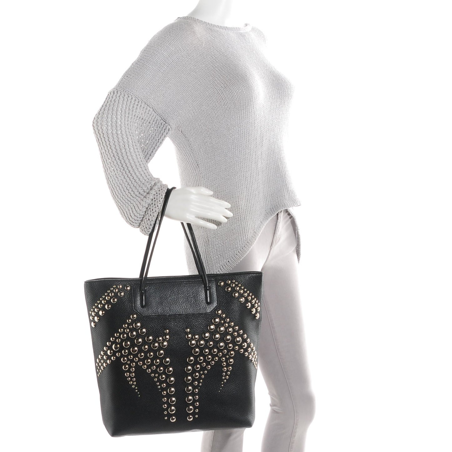 Pebbled Calfskin Studded Prisma Tote Black