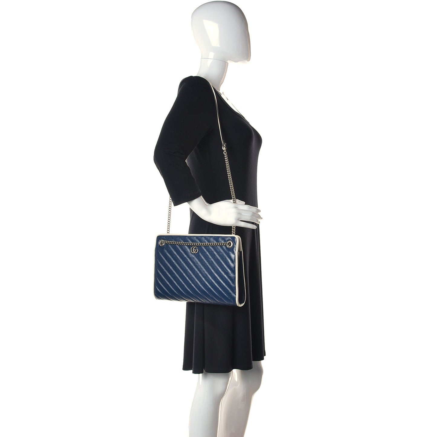 Azalea Calfskin Matelasse Diagonal Medium Torchon GG Marmont Slim Shoulder Bag Blue Agata Mystic White