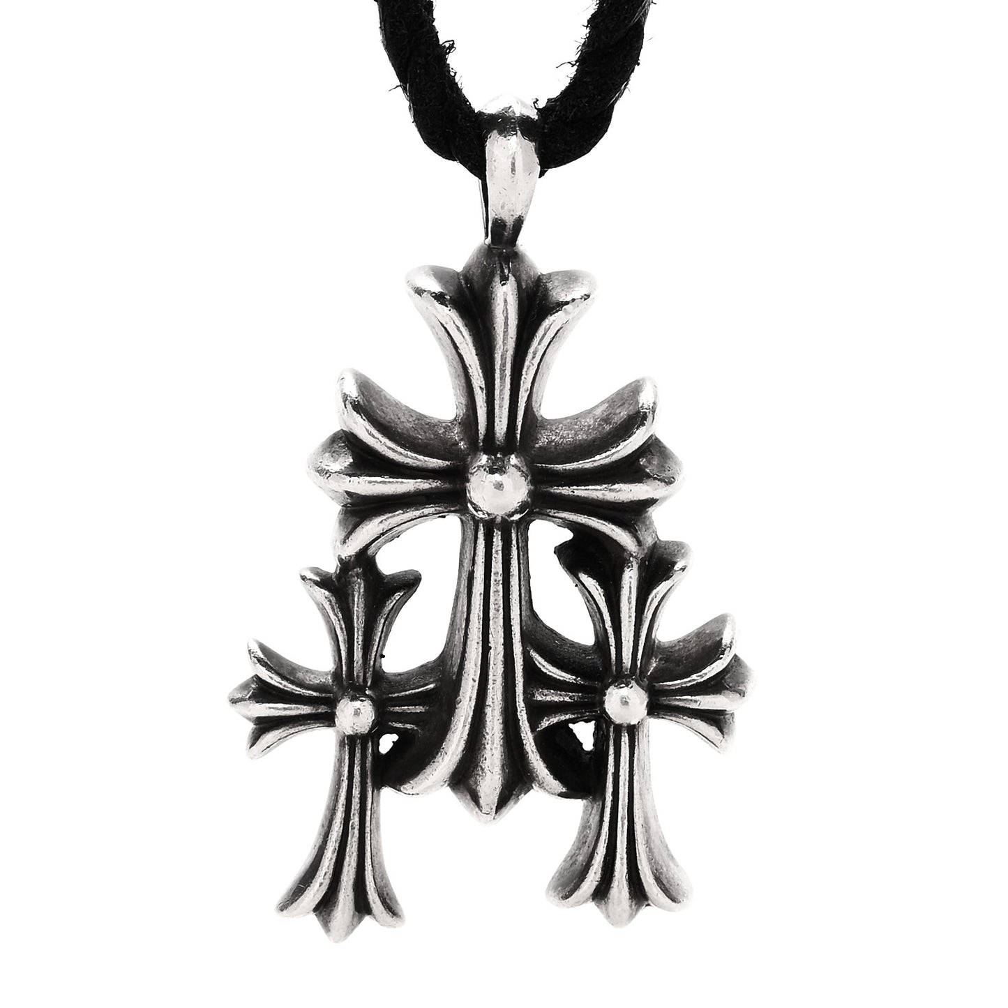 Sterling Silver Leather Triple Cross Pendant Necklace