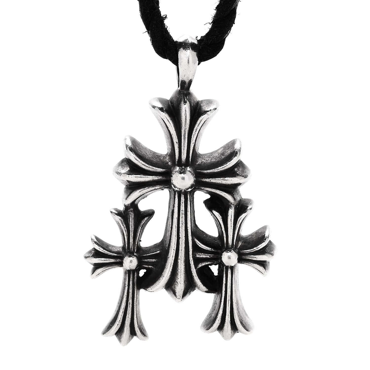 Chrome Hearts Sterling Silver Leather Triple Cross Pendant Necklace 4 of 7