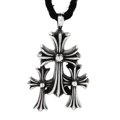 Chrome Hearts Sterling Silver Leather Triple Cross Pendant Necklace 4 of 7