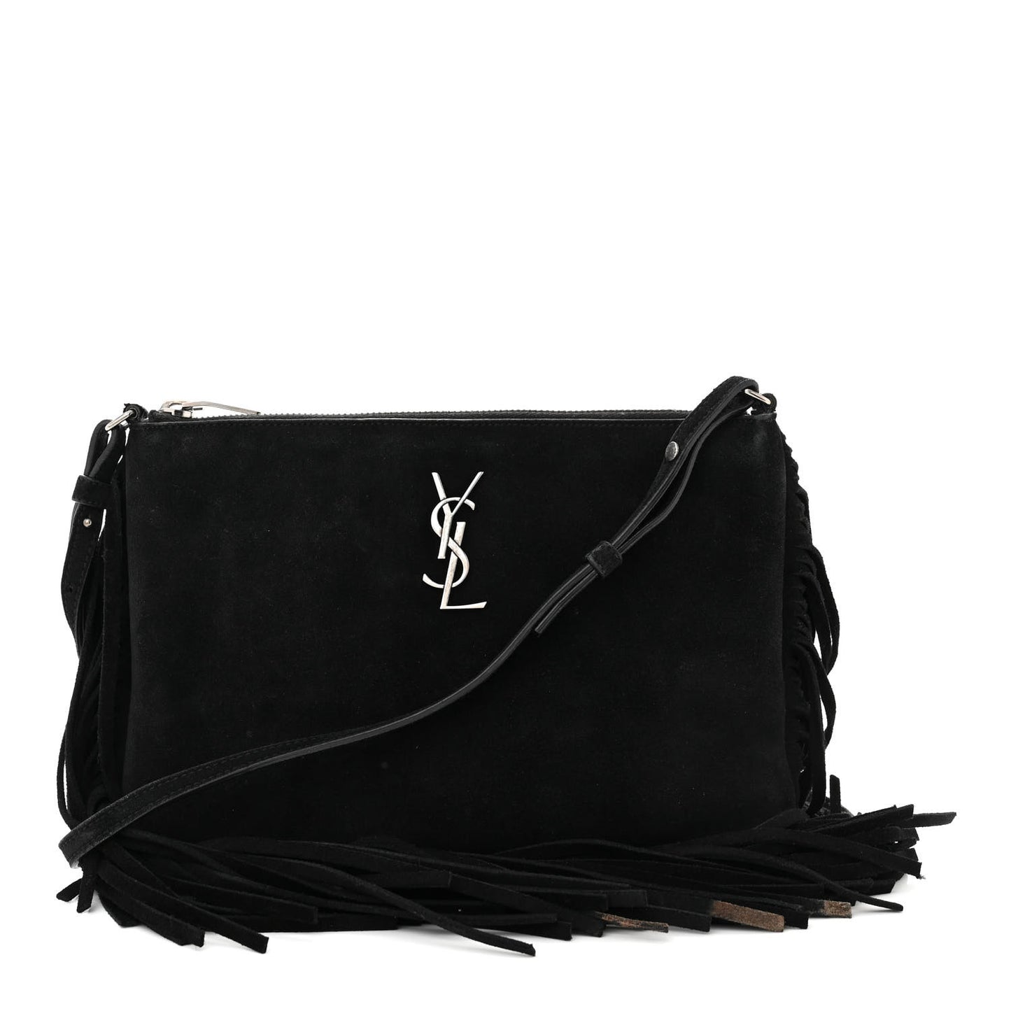 SAINT LAURENT Suede Calfskin Small Fringe Crossbody Bag Black