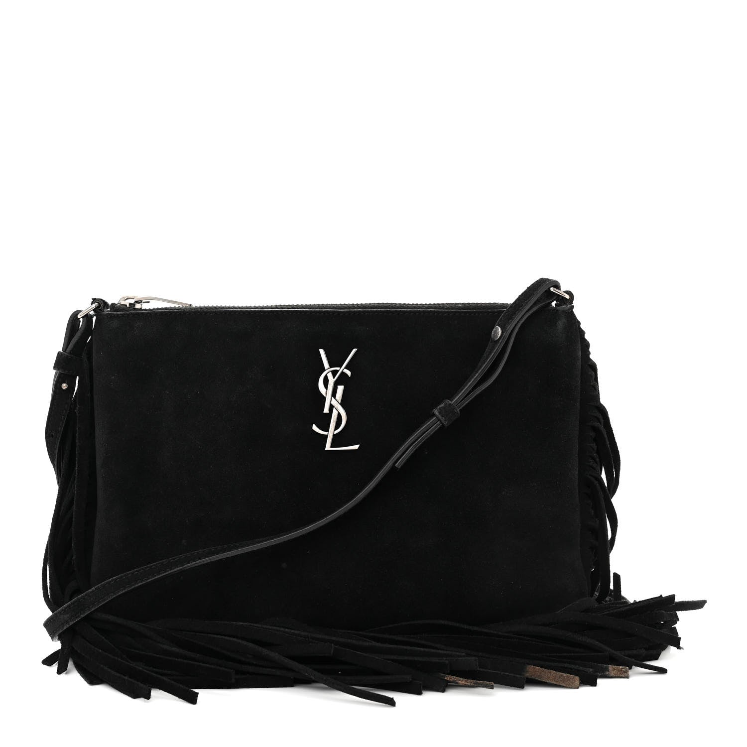 Saint Laurent SAINT LAURENT Suede Calfskin Small Fringe Crossbody Bag Black 1 of 15