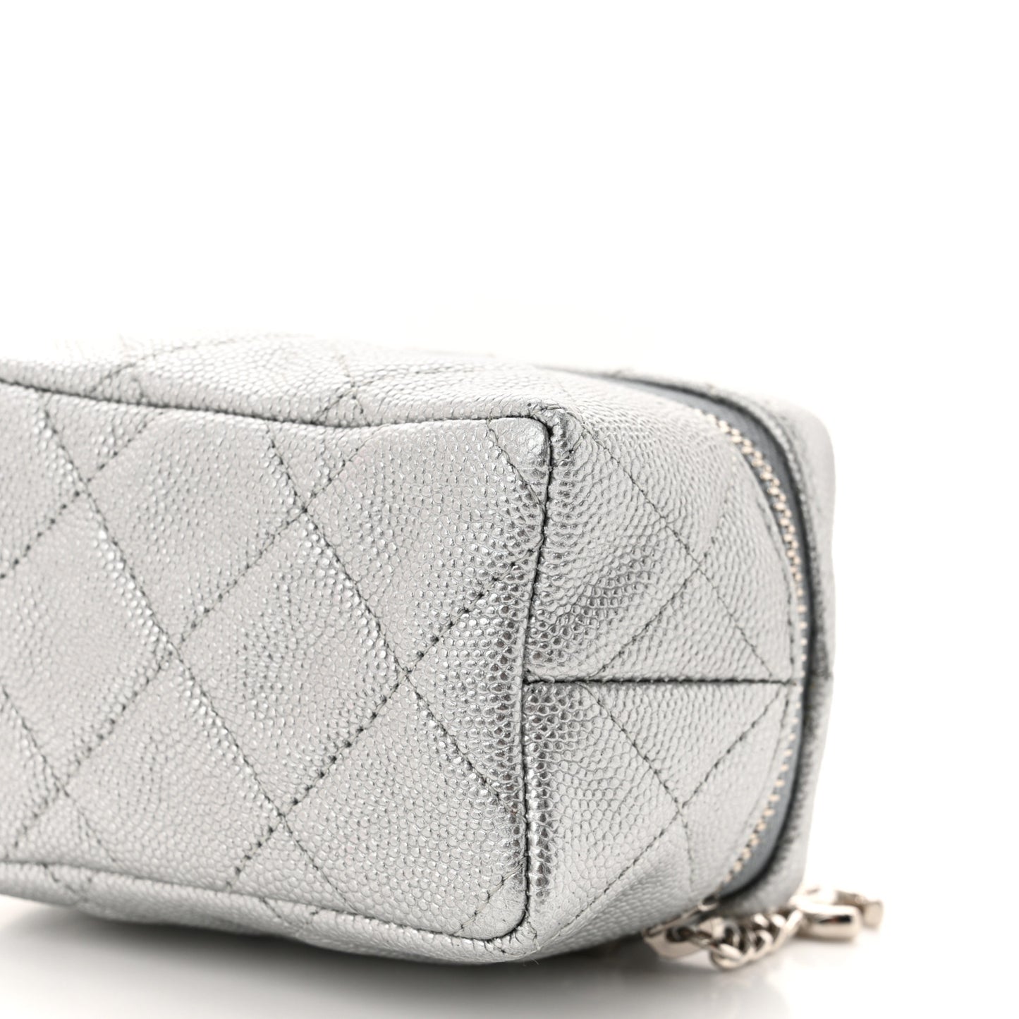 Metallic Caviar Quilted Mini Top Handle Vanity With Chain Silver