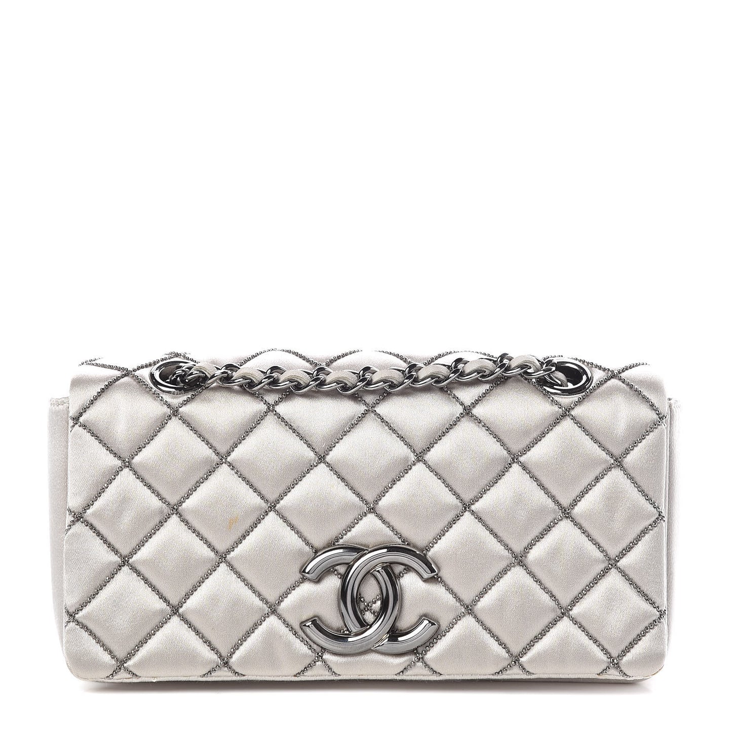 Satin Beaded Single Flap Silver