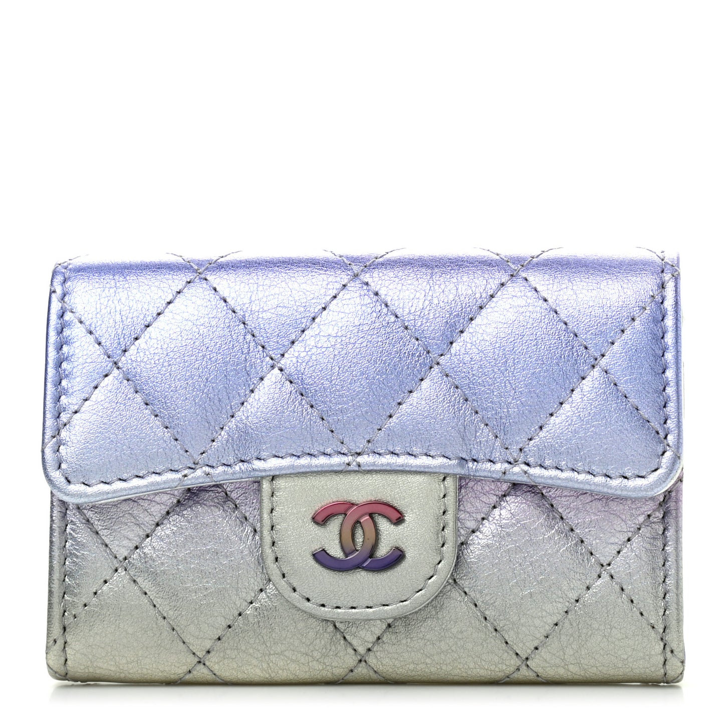 Gradient Metallic Calfskin Quilted Flap Card Holder Wallet Silver Blue Yellow Purple