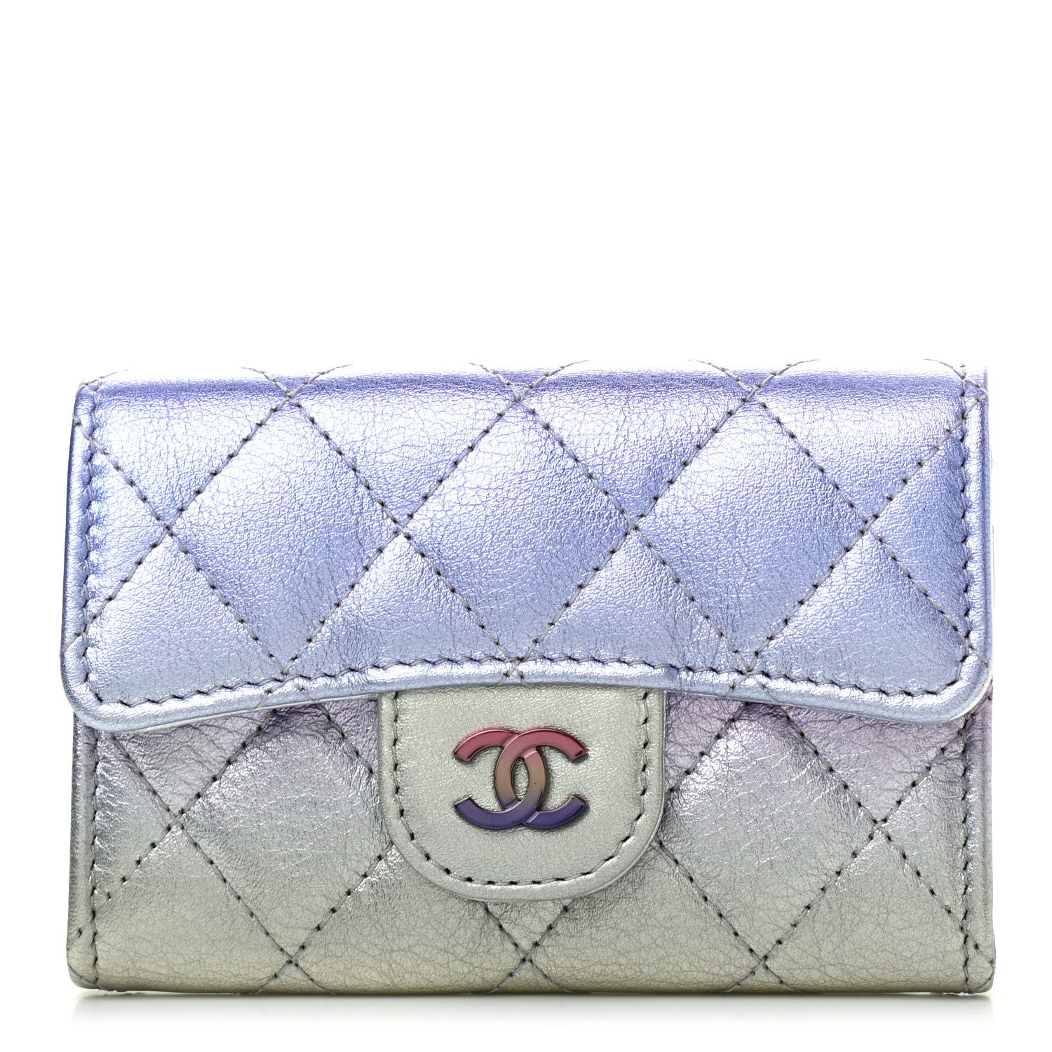 Chanel Gradient Metallic Calfskin Quilted Flap Card Holder Wallet Silver Blue Yellow Purple 1 of 8