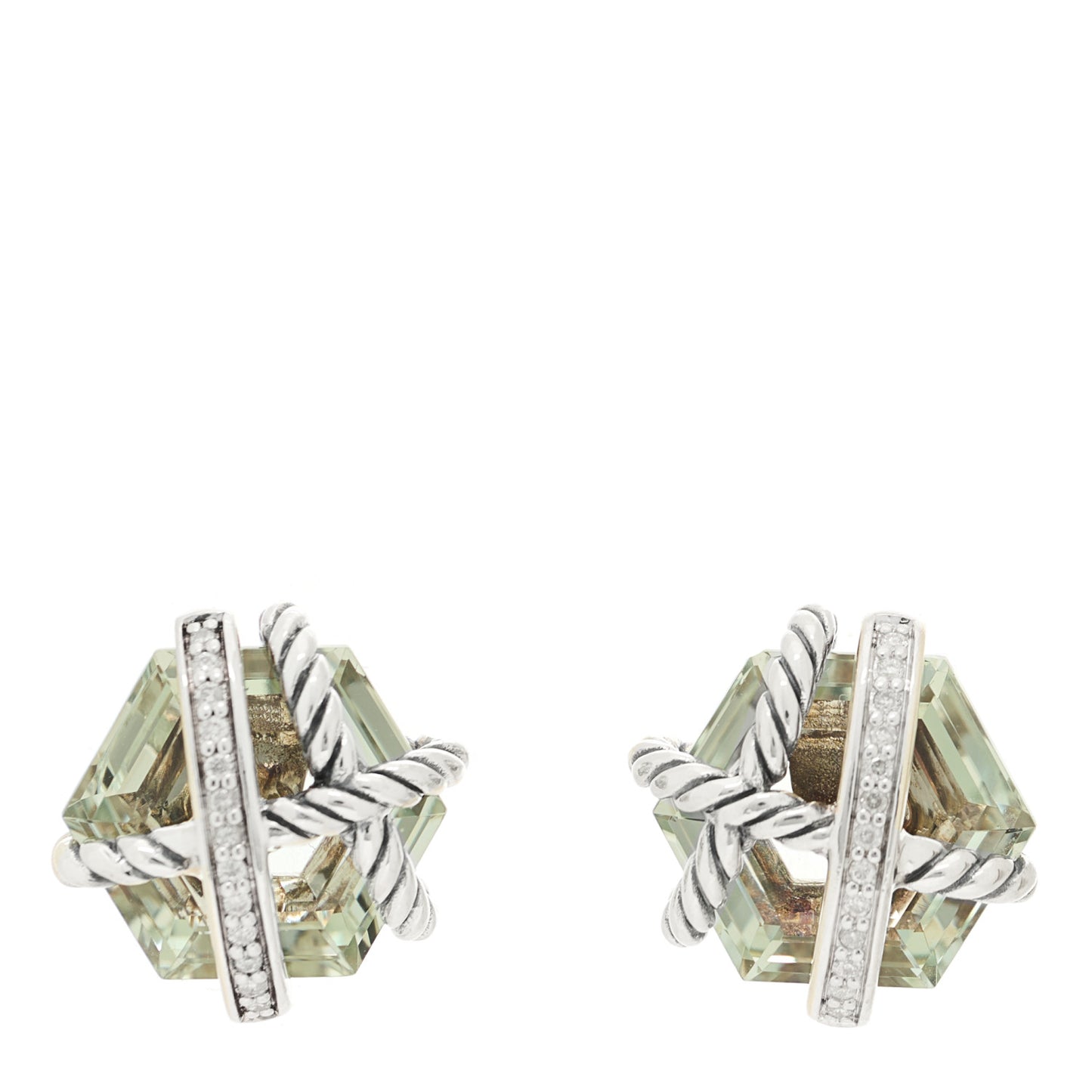 Sterling Silver Diamond Prasiolite 10mm Cable Wrap Earrings
