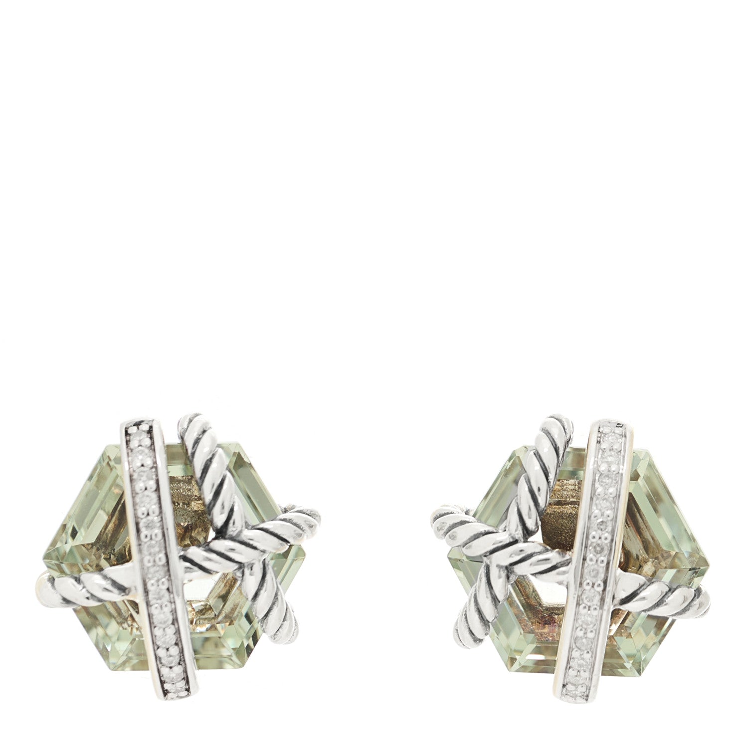 David Yurman Sterling Silver Diamond Prasiolite 10mm Cable Wrap Earrings 1 of 4