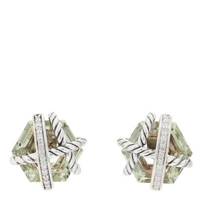 David Yurman Sterling Silver Diamond Prasiolite 10mm Cable Wrap Earrings 1 of 4