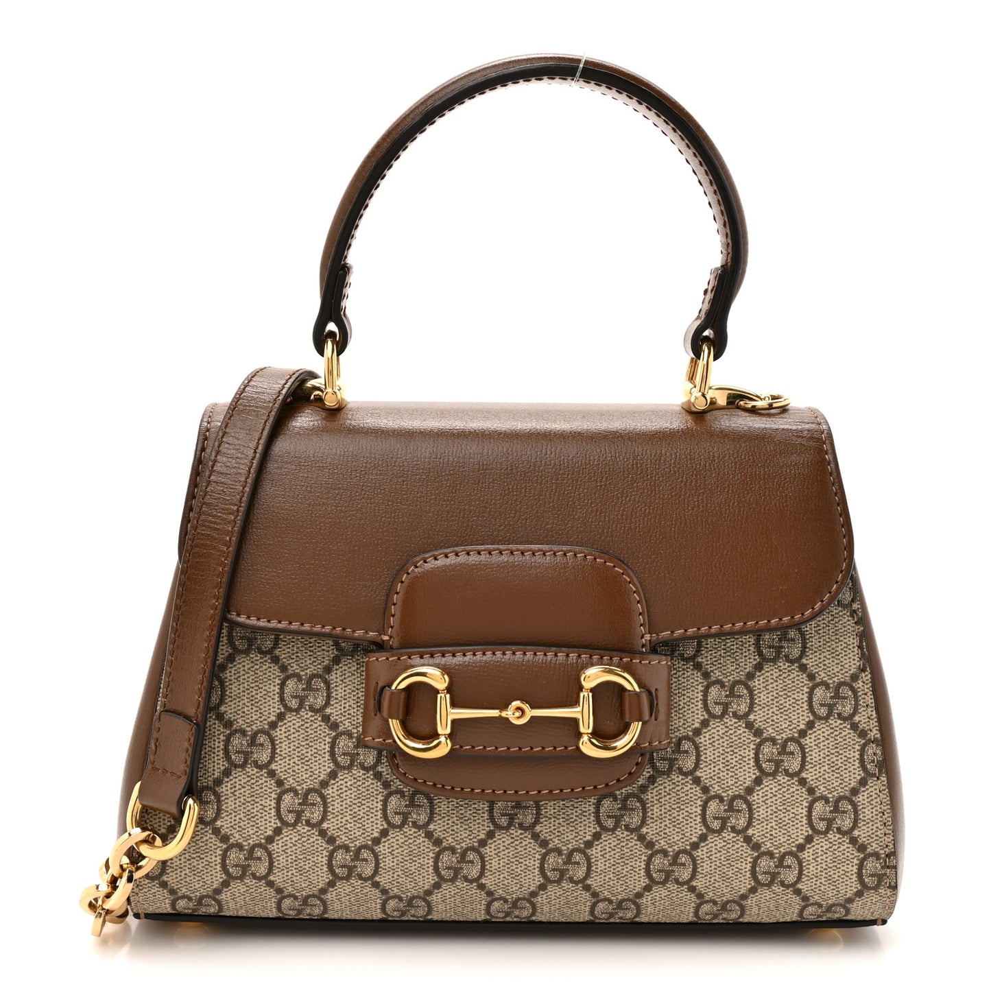 GG Supreme Monogram Azalea Calfskin Mini Horsebit 1955 Top Handle Flap Bag Beige Ebony Brown Sugar