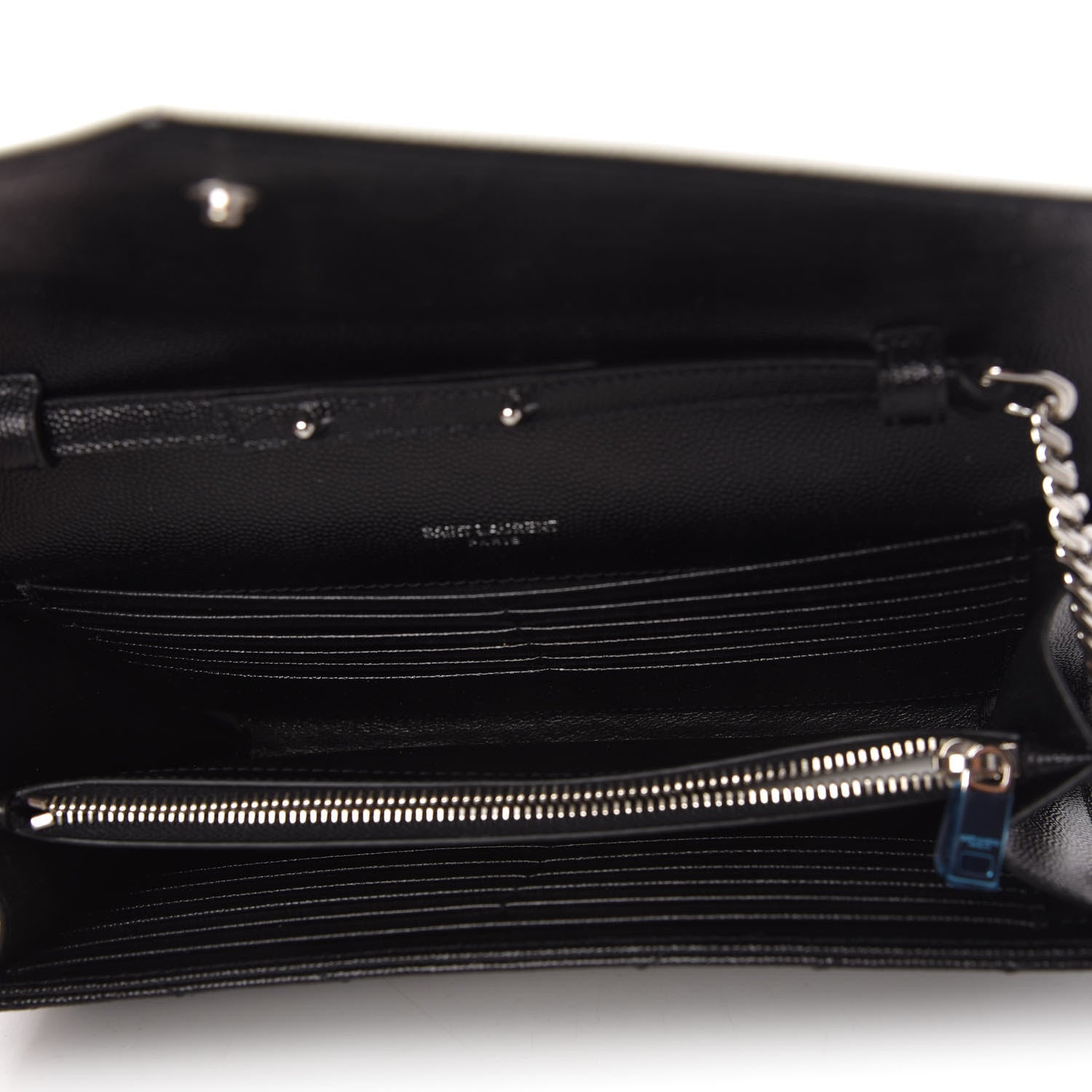 Saint Laurent Grain De Poudre Matelasse Chevron Bi-Color Monogram Chain Wallet White Black 5 of 9