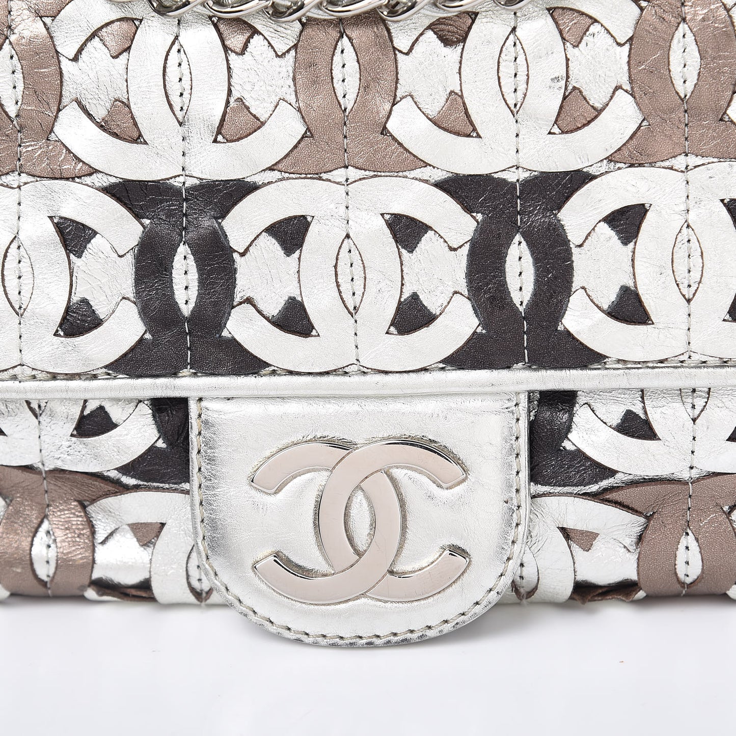 Metallic Crackled Calfskin Medium CC Mix Flap Silver Gold