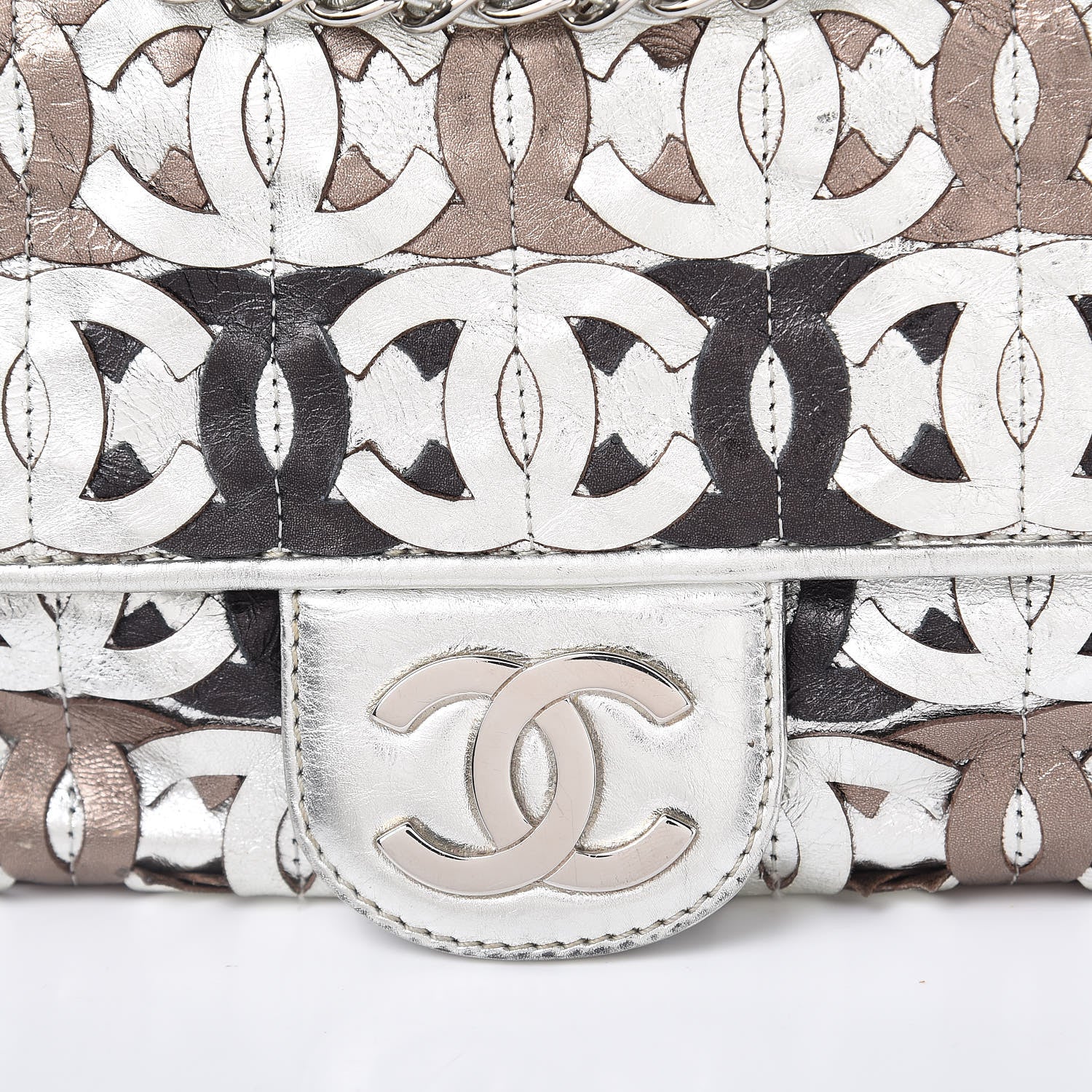 Chanel Metallic Crackled Calfskin Medium CC Mix Flap Silver Gold 10 of 17