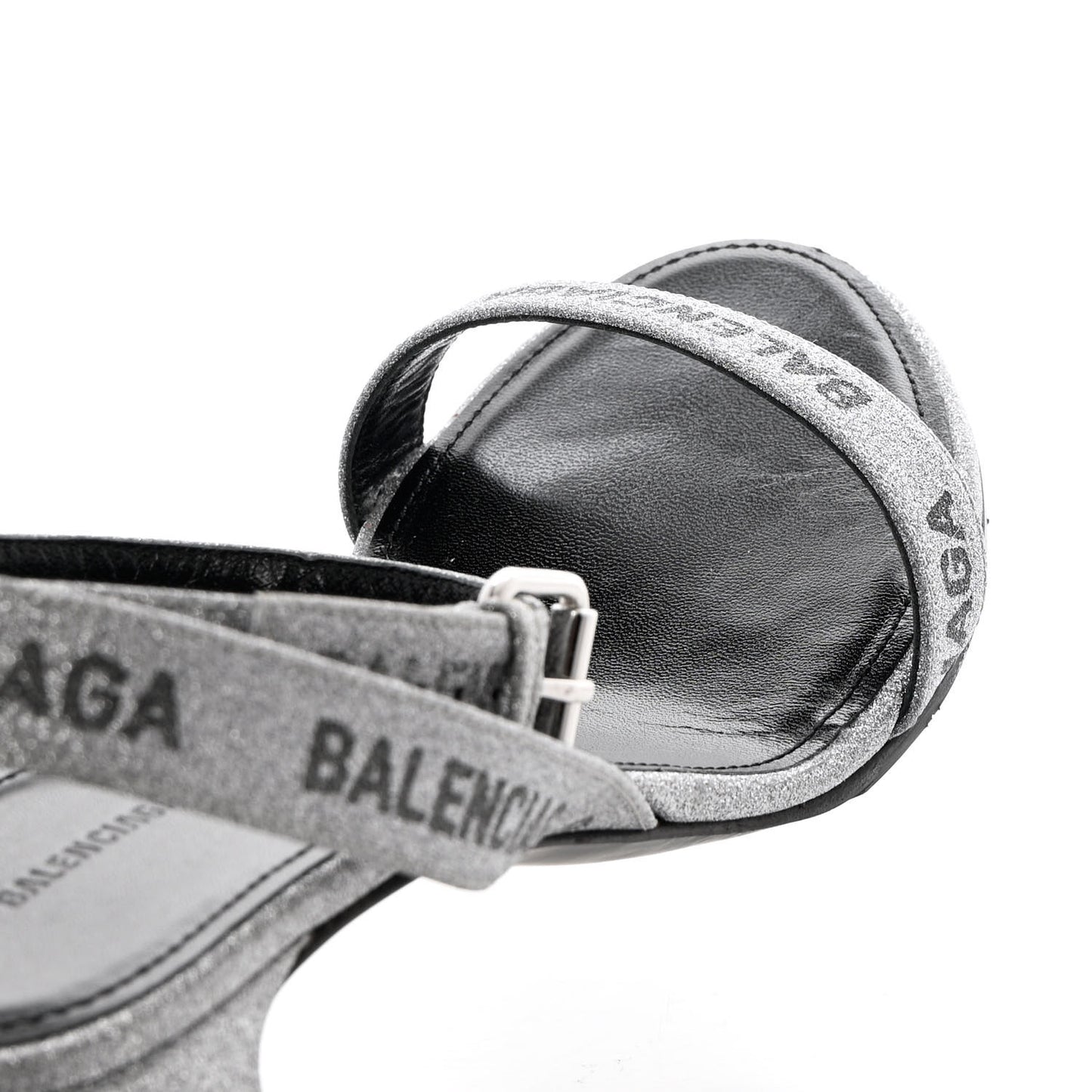 Glitter Allover Logo Ankle Strap Round Heel 80mm Sandals 39 Silver Black