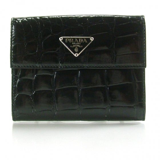 Crocodile Embossed Small Flap Wallet Black