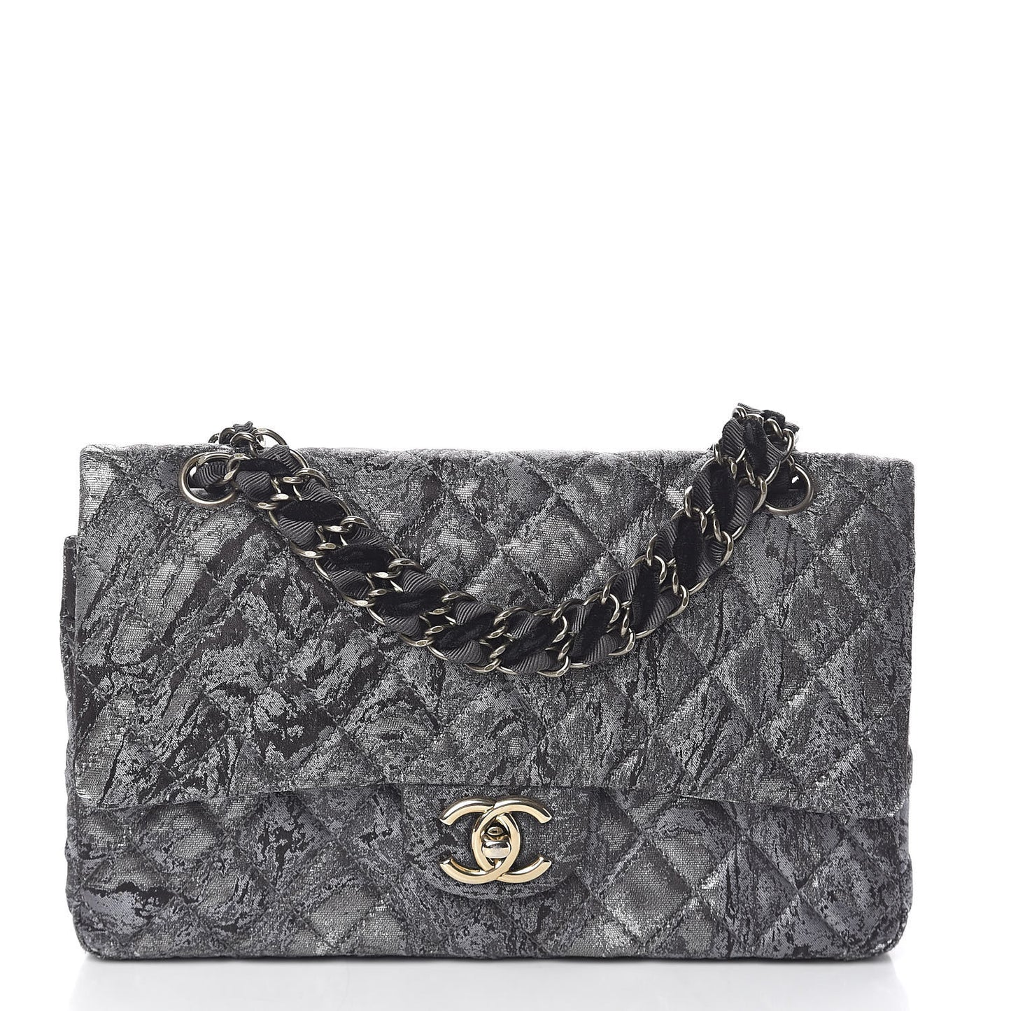 Metallic Brocade Quilted Medium Double Flap Dark Grey