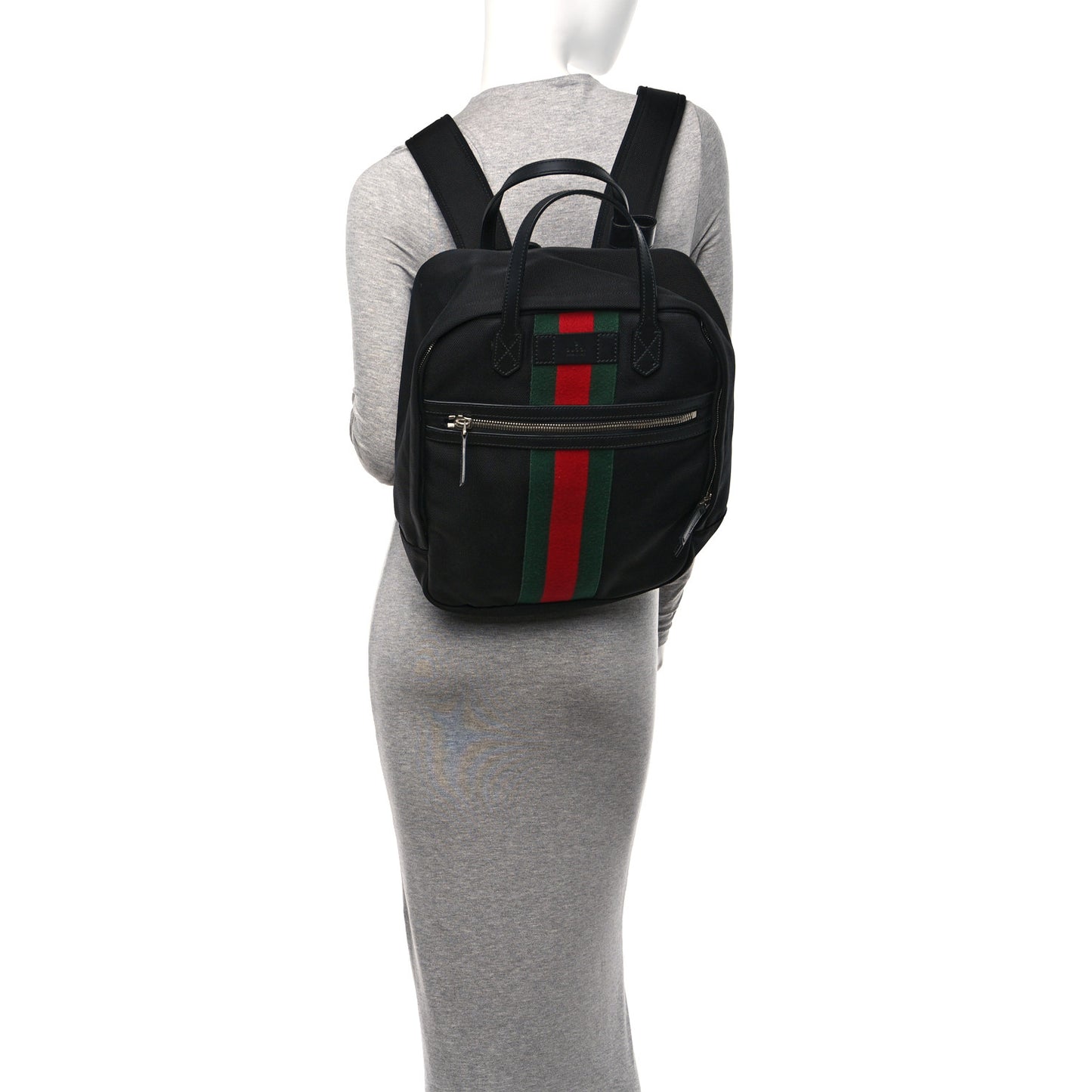 Techno Canvas Appia Calfskin Web Tote Backpack Black