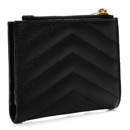 Saint Laurent Grain De Poudre Matelasse Chevron Monogram Zipped Card Case Black 3 of 9