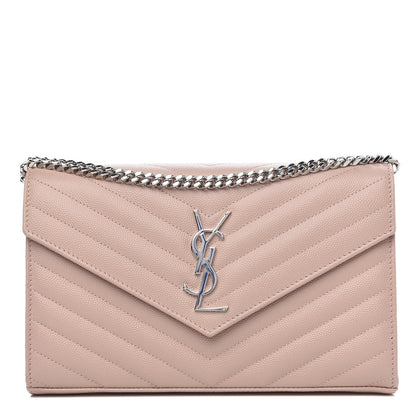 Saint Laurent Grain De Poudre Matelasse Chevron Monogram Chain Wallet Pale Pink 1 of 9