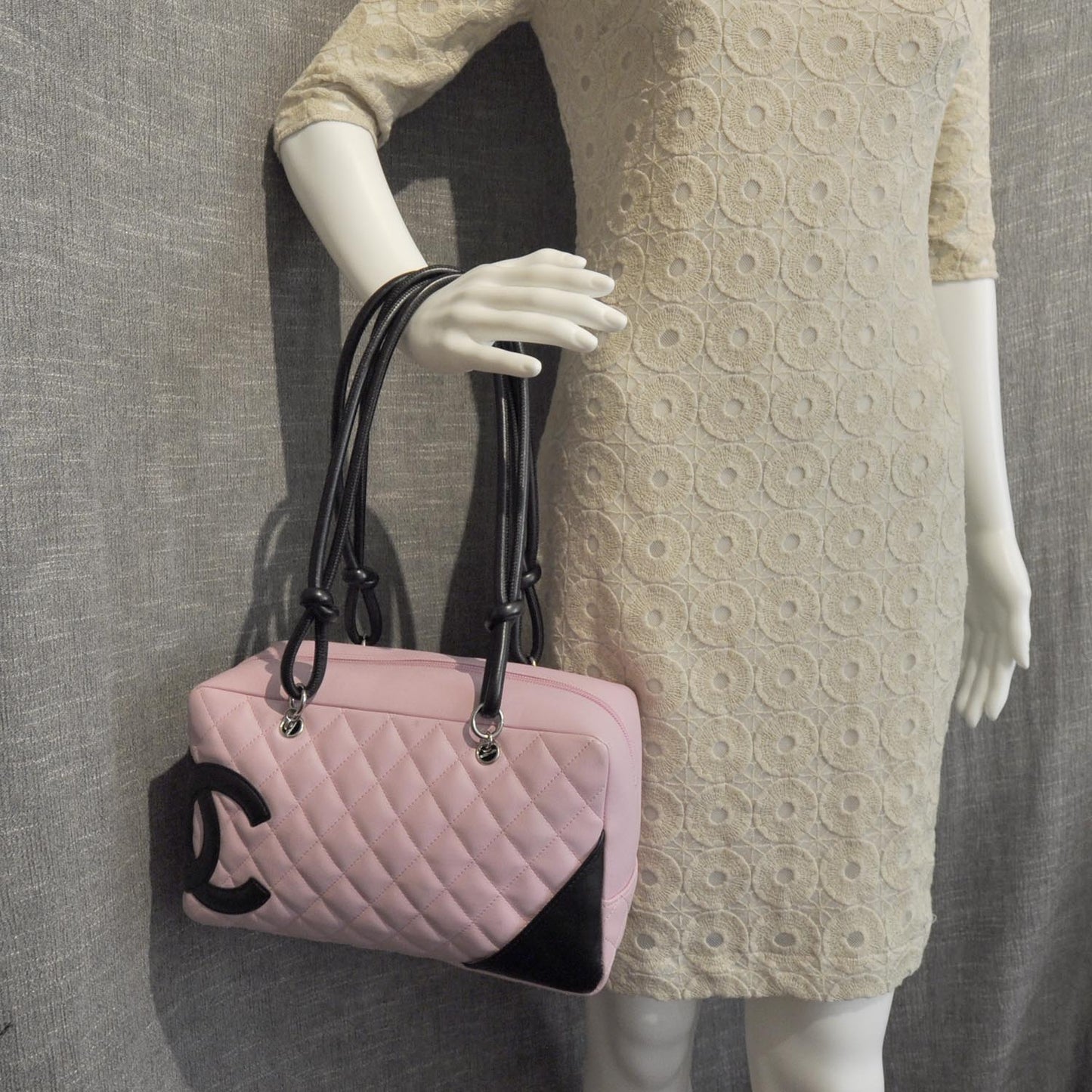 Calfskin Quilted Large Cambon Bowler Pink Black