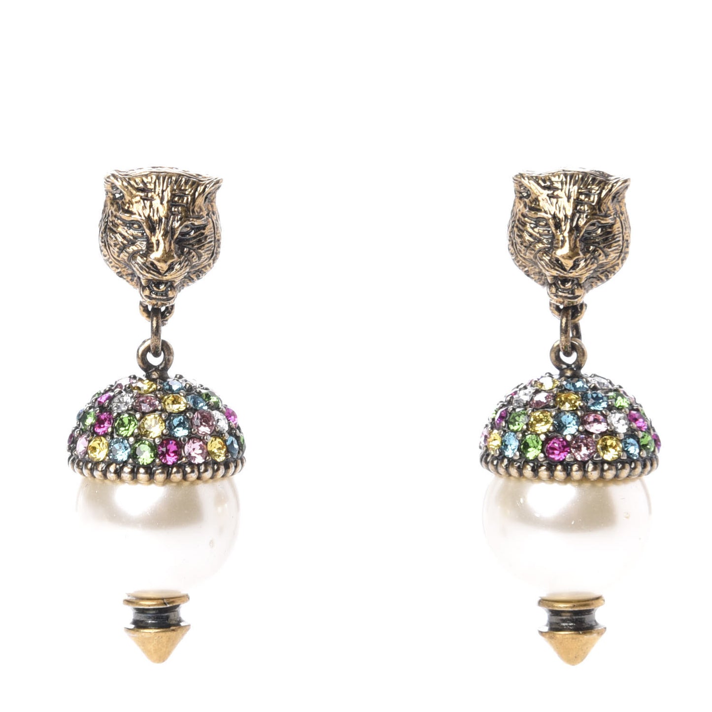 Metal Crystal Pearl Feline Earrings Aged Gold Multicolor