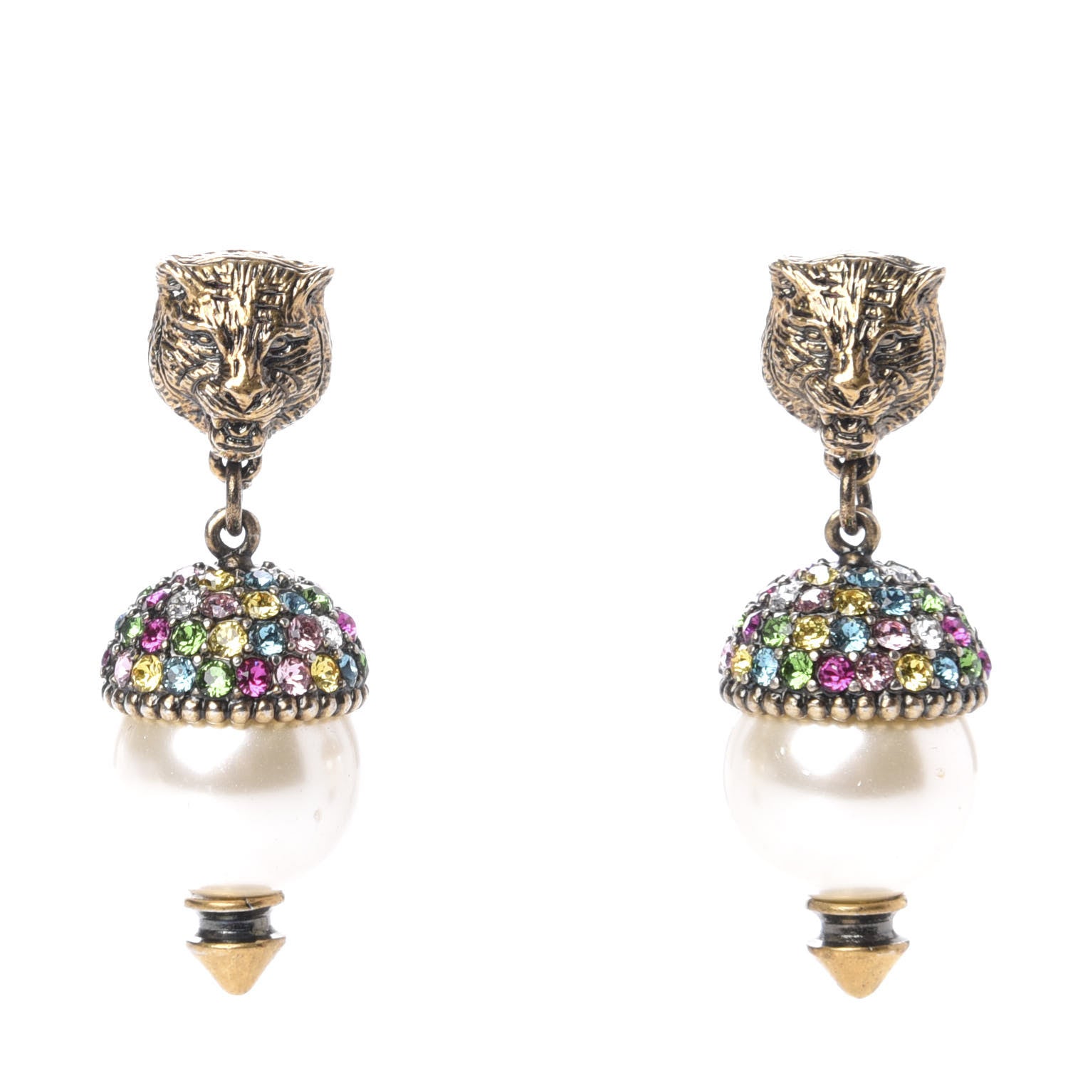 Gucci Metal Crystal Pearl Feline Earrings Aged Gold Multicolor 1 of 4