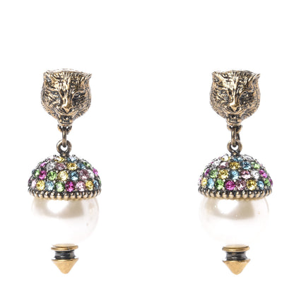 Gucci Metal Crystal Pearl Feline Earrings Aged Gold Multicolor 1 of 4