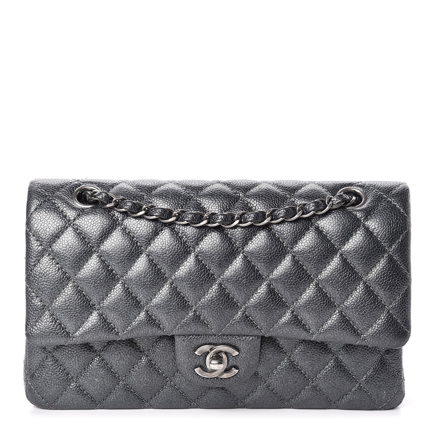 Pearly Caviar Quilted Medium Double Flap Grey