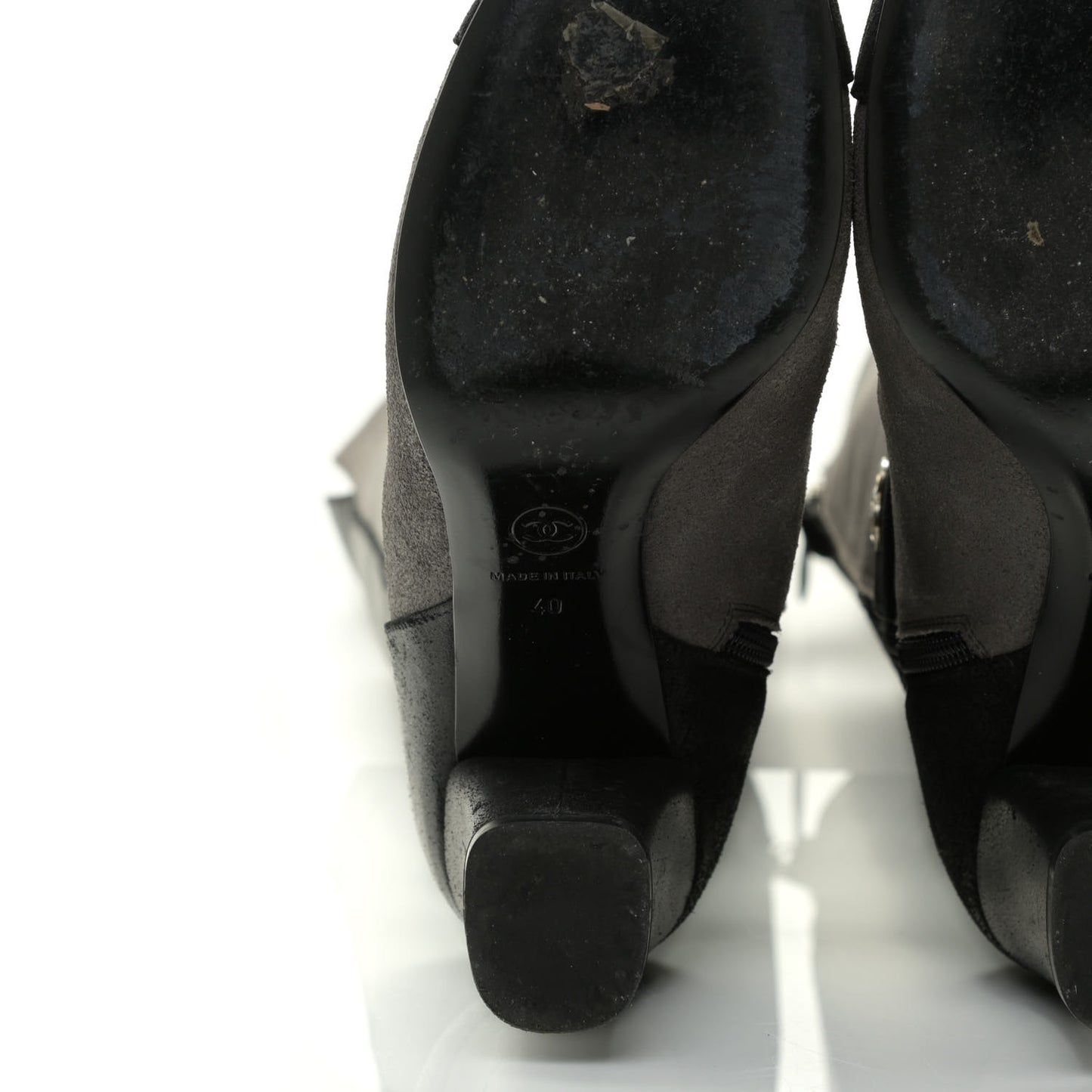Suede Calfskin CC Cap Toe Knee High Boots 40 Black Grey