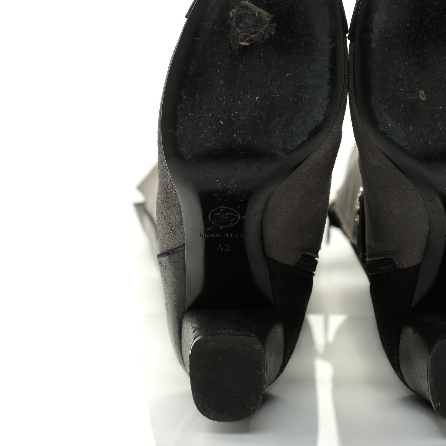 Chanel Suede Calfskin CC Cap Toe Knee High Boots 40 Black Grey 9 of 13
